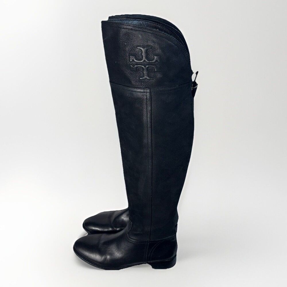 Tory Burch Boots Black Knee High Simone Pebbled Leather Size 8.5 Equestrian